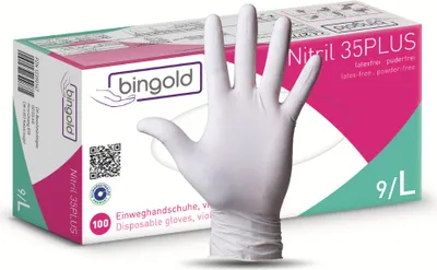Produktbild von Bingold Nitril 35PLUS, weiß L | Packung (100 Handschuhe)