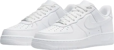 A pair of white Nike Air Force 1 '07 sneakers are shown from a slightly angled front view against a white background.