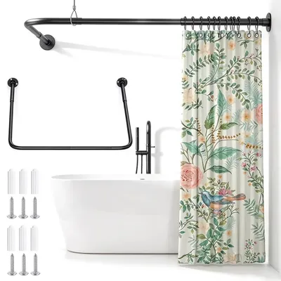 Imagen del producto de Barra para cortina de ducha - Barra angular en forma de U o L - Regulable de 60 a 92 cm x de 78 a 196 cm x de 60 a 92 cm - 12 anillas - Soporte para el techo - Montaje con tornillos - Acero inoxidable negro