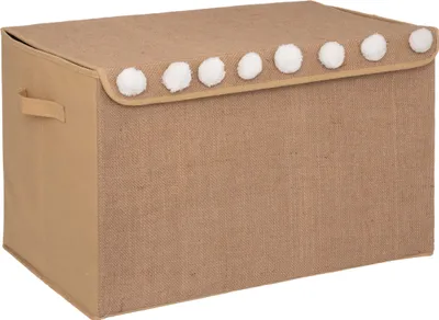 A storage chest with a lid decorated with white pom-poms.