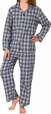 Produktbild von Mädchen langarm Flanell Schlafanzug Pyjama in Karo Optik zum durchknöpfen ; grau , 128