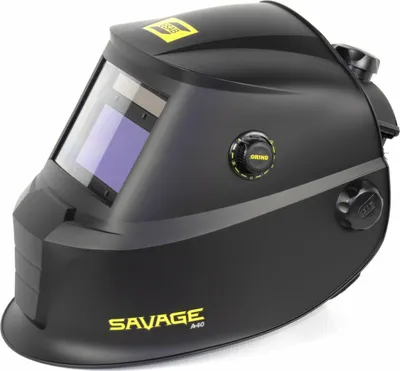 A black welding helmet with yellow branding.