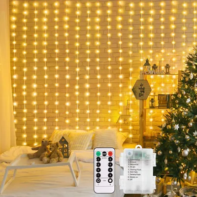 Productafbeelding van 2x2M Lichtergordijn voor binnen - 200 LED lichtsnoer gordijn met 8 modi - Afstandsbediening - Timer - Batterij