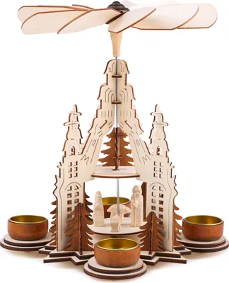 Image de BRUBAKER Pyramide de Noël 29 cm - Marie, Joseph et Jésus - 2 étages - Pyramide de bougies à chauffe-plat avec 4 porte-bougies à chauffe-plat en métal - Bois naturel - Personnages sculptés