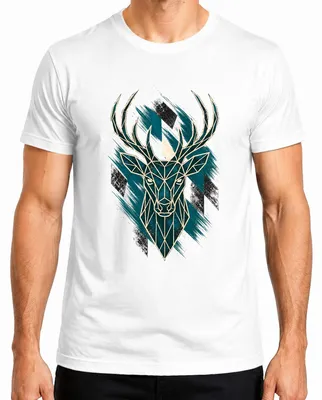 Imagen del producto de Camiseta para hombre con diseño de cornamenta de ciervo, geométrica y poligonal, estilo tradicional. Pantalones de cuero. Camiseta, color blanco, talla L