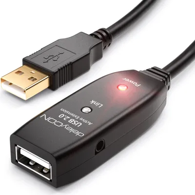 Produktbild von deleyCON 15m USB 2.0 Verlängerungkabel Repeater-Kabel Aktiv mit 2 Signalverstärker Extension Cable USB-A auf USB-A Buchse - Schwarz