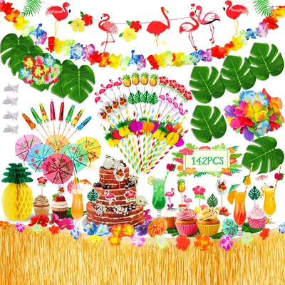 Hawaii-Deko-Set, 142-tlg., Tischrock, Banner, Blumen, Palmenblätter