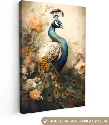 Produktbild von MuchoWow® - Leinwandbilder - Pfau - Pfauenfedern - Blumen - Botanisch, Wandbild, Wanddeko Bilder Wohnzimmer, 40x60 cm