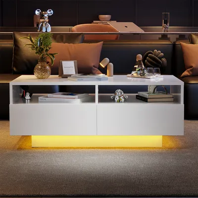 Produktbild von Couchtisch mit 4 Schubladen 16 Farben LED Lichter Sofatisch Wohnzimmertisch Beistelltisch für Wohnzimmer Schlafzimmer Weiß