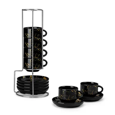 Produktbild von MALACASA 6-tlg Tassen Set, Porzellan Espresso-Set, Kaffeetasse mit Unterteller, Metallständer, 90ml, Schwarz