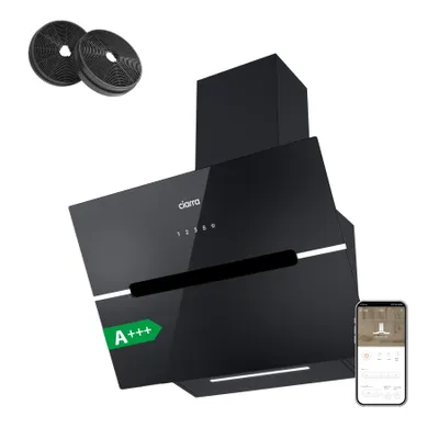 A black kitchen hood with a glass front, shown with two charcoal filters and a smartphone displaying a control app.