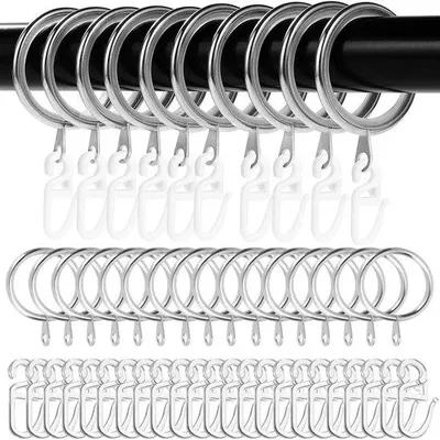 Imagen del producto de Juego de 40 anillos metálicos plateados para cortinas, con ganchos de plástico, diámetro interior de 30 mm – para cortinas y barras de cortina