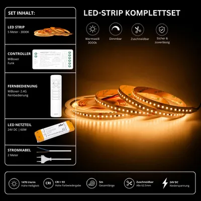 Produktbild von LED Streifen Set Warmweiß 3000K – SMD LED Streifen 24V, 9 W/m, 1500 lm/m, 5m – SS60 Netzteil, SR2 Funk-Controller und C1 Fernbedienung Weiß