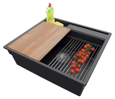 Produktbild von PRIMAGRAN Spülbecken Anthrazit 58x53cm, Granitspüle 1 Becken + Ablauf-Set + Küchenzubehörset, Küchenspüle ab 60er Unterschrank - Oslo Pocket