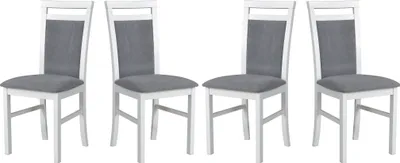 Four white dining chairs with gray seats are arranged in a row against a white background.