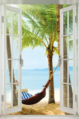 Produktbild von Wallario Poster mit Fenster-Illusion: Hängematte in der Karibik, Größe: 100 x 150 cm