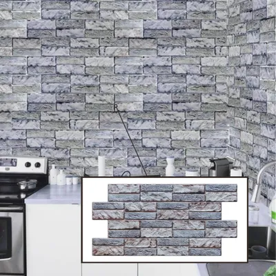 A kitchen counter with a stove and sink, with a brick-patterned wall behind it. An inset shows a close-up of the brick panels.