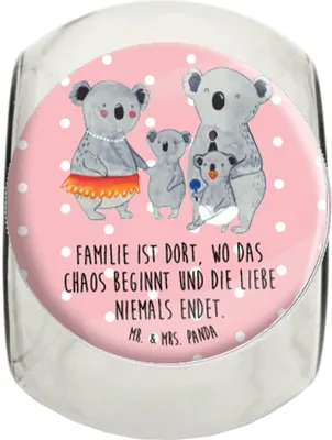 Produktbild von Mr. & Mrs. Panda Vorratsdose Glas Koala Familie XL 2000ml - Rot Pastell - Geschenk, Kaffeedose, glasbehälter, Bruder, Koalas, Mama, Kinder, Vorratsglas, Bonboniere