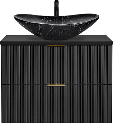 Produktbild von Badezimmer Waschtisch, 81cm, matt schwarz gerillt mit Keramik-Waschbecken schwarz marmoriert ADELAIDE-56-BLACK, B/H/T ca. 80,6/74,7/46,5 cm