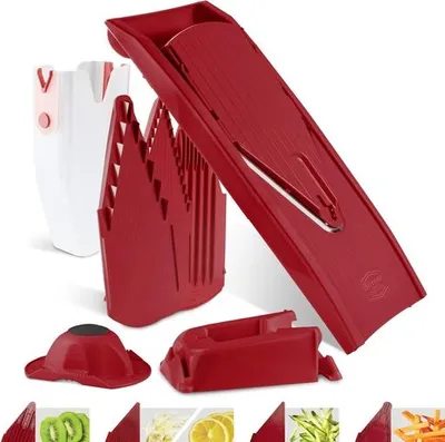 A red and white vegetable slicer set is displayed against a white background.