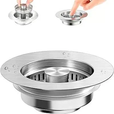 Immagine prodotto di Sifone per lavello da cucina 304 in acciaio inossidabile Tappo per lavello 3 in 1 Tappo di scarico pop-up per lavello Foro 72-87 mm, profondità > 40 mm – per uno scarico affidabile e un efficace isolamento dagli odori