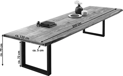 Produktbild von XL-Esszimmertisch 350x120 cm Valin, Akazienholz naturfarben & massiv, Baumkantentisch mit U -Gestell aus Metall Mattschwarz, echte Baumkante, Platte 50mm