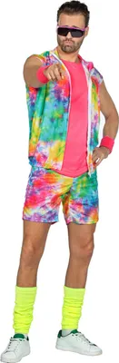 A man wearing a colorful 80s-style costume.