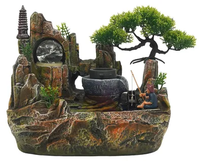 Produktbild von Tischbrunnen - Indoor Wasserbrunnen - Harz - Leise Pumpe - LED-Beleuchtung - Kiefer und Angler Motiv - Entspannendes Wassergeräusch - Mehrfarbig