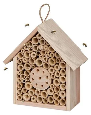 Zdjęcie produktu dla Drewniany hotel dla pszczół – do ogrodu – wiszący – 20,5 x 19,5 x 8,5 cm – wypełniony naturalnym materiałem