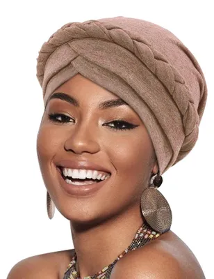Produktbild von Damen Turban mit Zopf Muster Kopfbedeckung Chemo Kappe Vorgebunden Beanie Schlafmütze Polyester 1 Stück