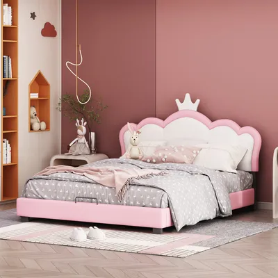Produktbild von Merax čalouněná postel 140x200 cm s korunovým čelem a lamelovým roštem, postel pro mladé Dětská postel Imitace kůže Manželská postel Jednolůžková postel, růžová
