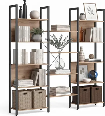 Produktbild von Offenes Bücherregal mit 14 Regalböden – Holzoptik – Metallrahmen – Geeignet für Wohnzimmer oder Büro – Maße: 166 x 158 x 24 cm – Hellbraun