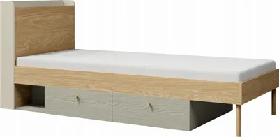 Produktbild von Tkmoebel Yuki YU13 Bett mit Schubladen graubeige + Eiche geölt + Eukalyptus