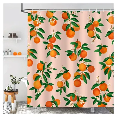 Produktbild von Duschvorhang Orange Früchte Zitrusgewächse Grüne Blätter 180 x 180 cm Wasserdicht Anti-Schimmel Polyester Waschbar für Badezimmer mit 12 Haken
