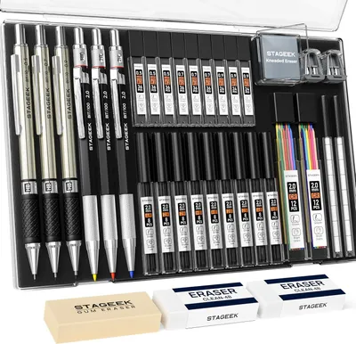 Productafbeelding van Mechanische potloodset met etui - Set van 34 - Tekenpotloden 0,5 - 0,9 mm en 2 mm schetspotloden met 384 - Technisch
