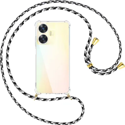 Produktbild von Handykette Backcover-Schutzhülle mit Band (Metall goldfarben) für Realme C55 (6.72'') - schwarz/grau/weiß