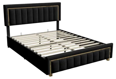 Produktbild von Bett 140x200 cm - Polsterbett Doppelbett - Hydraulischer Bettkasten - Samtbezug - Holzgestell - Skandinavisches Design - Schwarz