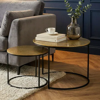 Produktbild von WOHNLING Satztisch 2er Set Metall gold rund mit Muster Aluminium Tischplatten Couchtisch Modern Beistelltisch Sofatisch Wohnzimmertisch