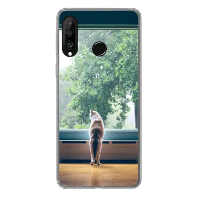 Produktbild von MuchoWow® Handyhülle Schutzhülle Hülle für Huawei P30 Lite Katze - Fenster - Pflanzen Silikon Softcase Handy Hülle - Handyhülle