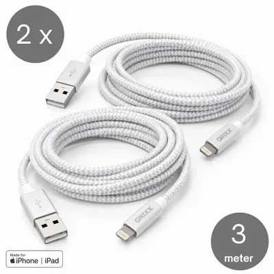 Productafbeelding van Grixx oplaadkabel Lightning naar USB-A 3 m MFi 12 W wit 2 stuks