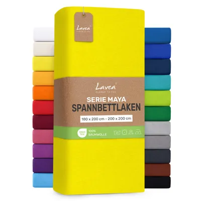 Zdjęcie produktu dla Lavea® Pościel satynowa na gumce, 180x200 cm - 200x200 cm, wzór Maya, 100% bawełna – Miękka, oddychająca pościel przeznaczona do materacy o grubości do 20 cm - kolor żółty