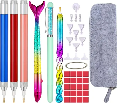 Produktbild von 5D Diamond Painting Zubehör Set mit LED Stift, Meerjungfrau Drill Pen, Ersatz Stiftköpfen, Malkleber Lehm, Aufbewahrungstasche für Mosaikherstellung Nagelkunst Diamanten Malerei Strassstein