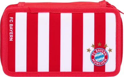 A red and white striped pencil case with the FC Bayern München logo.