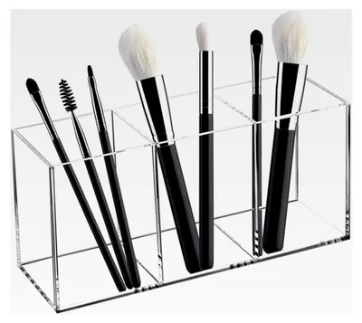 Produktbild von Kosmetikpinselhalter mit 3 Fächern, Acryl Pinsel Organizer, transparenter Make-up Organizer, Pinselaufbewahrung für Badezimmer, Schlafzimmer, Waschtische und Schreibtische