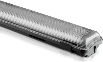 A close-up, studio shot of a long, rectangular LED light fixture.