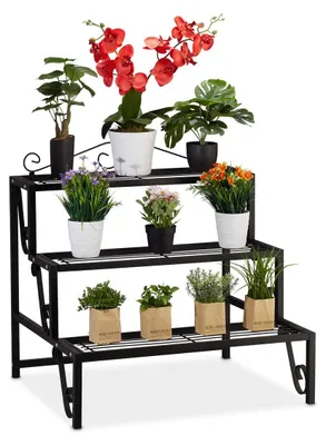 Immagine prodotto di Scaffale per piante metallo - Scaffale a 3 ripiani - Per interno ed esterno - Nero - 69 x 70 x 60 cm - Con decorazioni