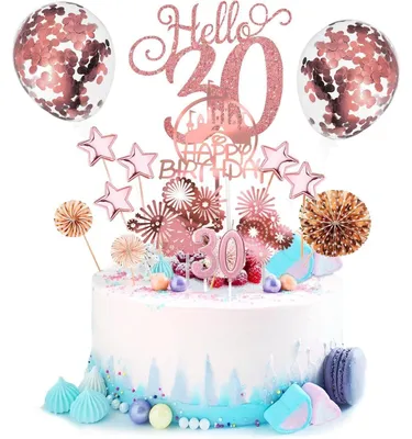 Immagine prodotto di Set da 17 pezzi a tema "30 anni" in color oro rosa, ideale per decorare una torta, con cake topper, candeline, stelle e palloncini