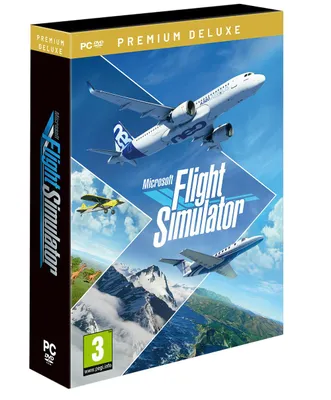 The image shows the packaging of the Microsoft Flight Simulator 2020 Premium Deluxe Edition game for PC.