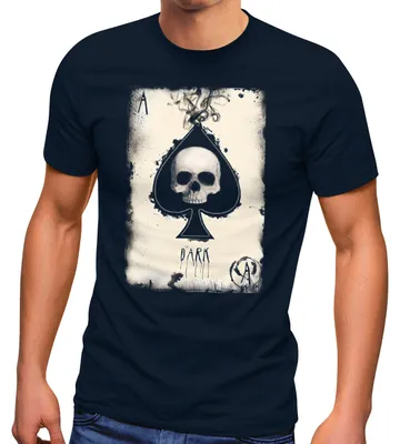Produktbild von Herren T-Shirt Bedruckt Totenkopf Skull Spielkarte Pik Ass Kartenspiel Printshirt Fashion Streetstyle Neverless® navy M