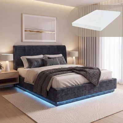 Image de Lit rembourré LED "Tröstiar" avec coffre de lit et matelas en lin, 160 x 200 cm, couleur bleue